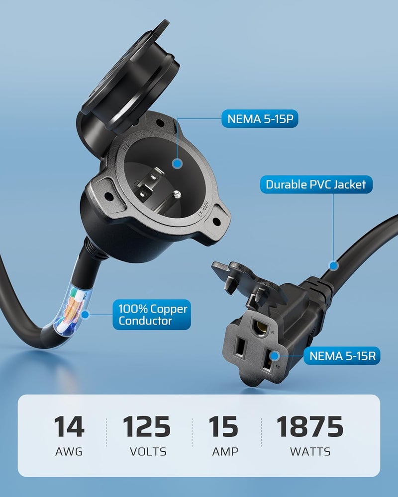 DEWENWILS 15 Amp RV Shore Power Inlet Socket, 125VAC AC Port Plug Integrated 18 Inch Waterproof Extension Cord, NEMA 5-15P to NEMA 5-15R, 14AWG SJTW Cord, Trailer Plug Boat Marine, ETL Listed - Image 2